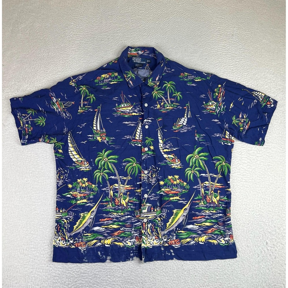 Polo Ralph Lauren Shirt Mens XL Blue Sailing Print Short Sleeve Rayon Caldwell